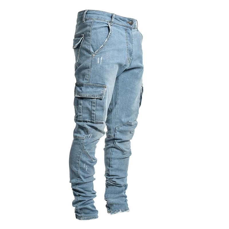 Spring Summer Trousers Jeans Men Pants Casual Cotton Denim Trousers Multi Pocket Cargo Jeans Men Denim Pencil Pants Side Pockets Cargo